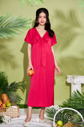 Silk Midi Dress with Bow Detail and Relaxed Silhouette